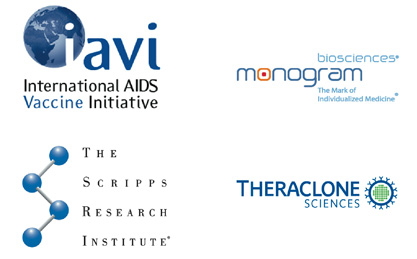 Logos for the International AIDS Vaccine Initiative, Biosciences, The Scripps Research Institute and Theraclone Sciences