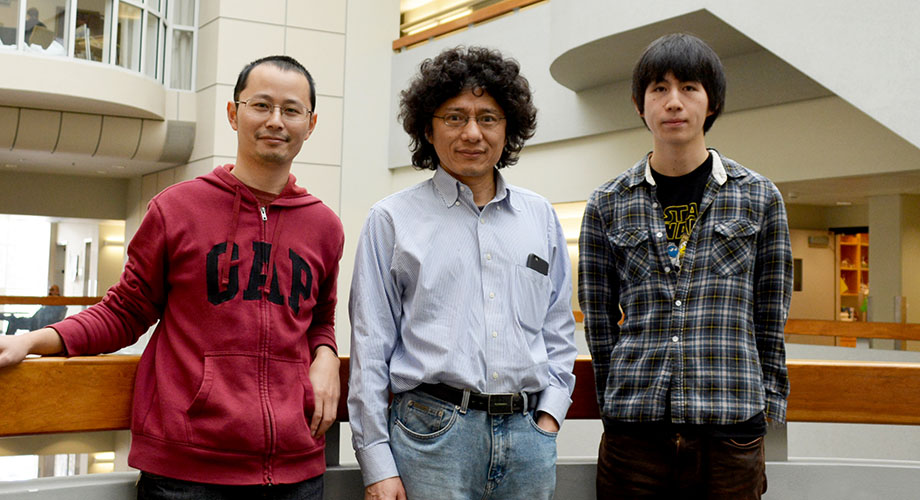 Left to right: Research Associate Zhipeng Zhang, Professor Jin-Quan Yu and Graduate Student Keita Tanaka led the new study at The Scripps Research Institute (photo by Madeline McCurry-Schmidt.)