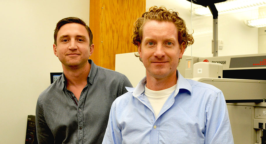 Scripps Fellow Michael Bollong, Ph.D., and Luke Lairson, Ph.D., assistant professor of chemistry at TSRI (Photo by Madeline McCurry-Schmidt)