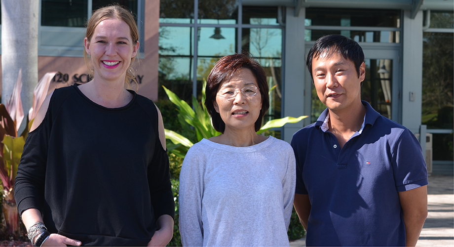 (Left to right) Research Associate Audrey Richard, Associate Professor Hyeryun Choe and Research Associate Byoung-Shik Shim led the study on the Florida campus of The Scripps Research Institute.