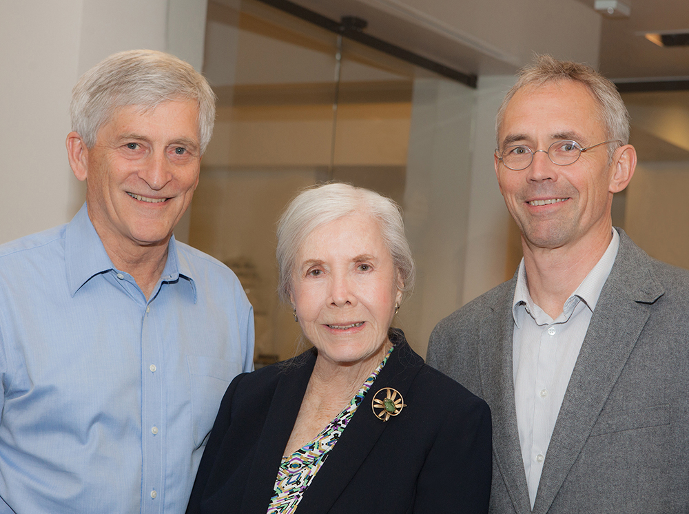 Philanthropist Helen Dorris attends an event celebrating the Dorris Neuroscience Center on TSRI’s California campus (shown here with the center’s director, Professor Ulrich Mueller (right), and Jim Paulson, acting president and CEO).