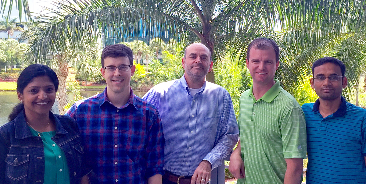 Authors of the new study included The Scripps Research Institute’s (left to right) Research Assistant Smitha Kota, Research Associate William Guerrant, Associate Professor Joseph Kissil, Research Assistant Scott Troutman and Research Associate Vinay Mandati.